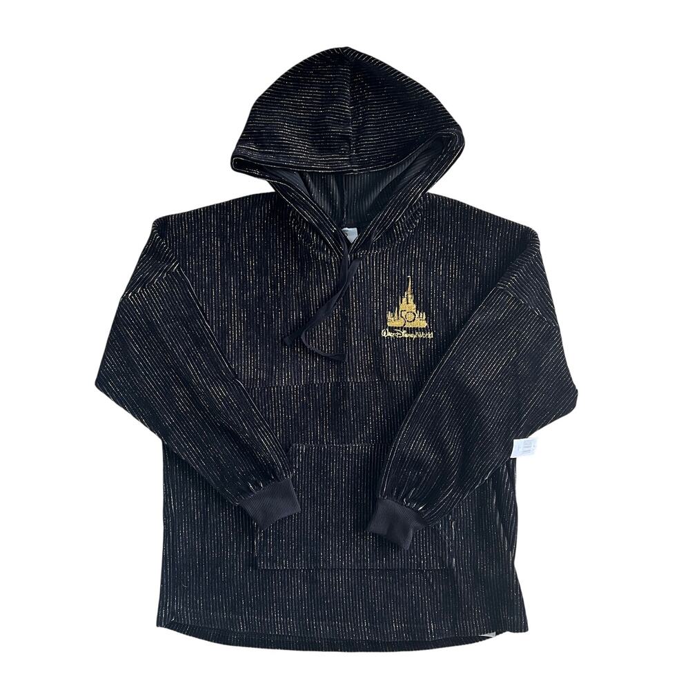 Disney 50th Anniversary Luxe Velour Spirit Jersey Hoodie Black Gold L NWT